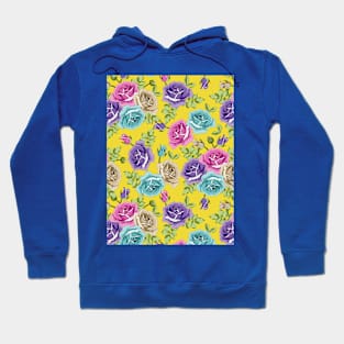 Botanical Roses Seamless Pattern On Yellow Background Hoodie